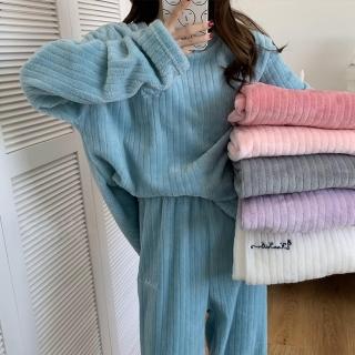 【D.studio】韓版休閒居家珊瑚絨睡衣套裝(針織上衣 毛衣 長袖上衣 女裝 衣服 寬鬆上衣 冬裝 發熱衣 S283)