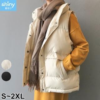 【Shiny 藍格子】素色鋪棉大口袋立領馬甲背心外套 V3879 現+預(女裝 風衣)