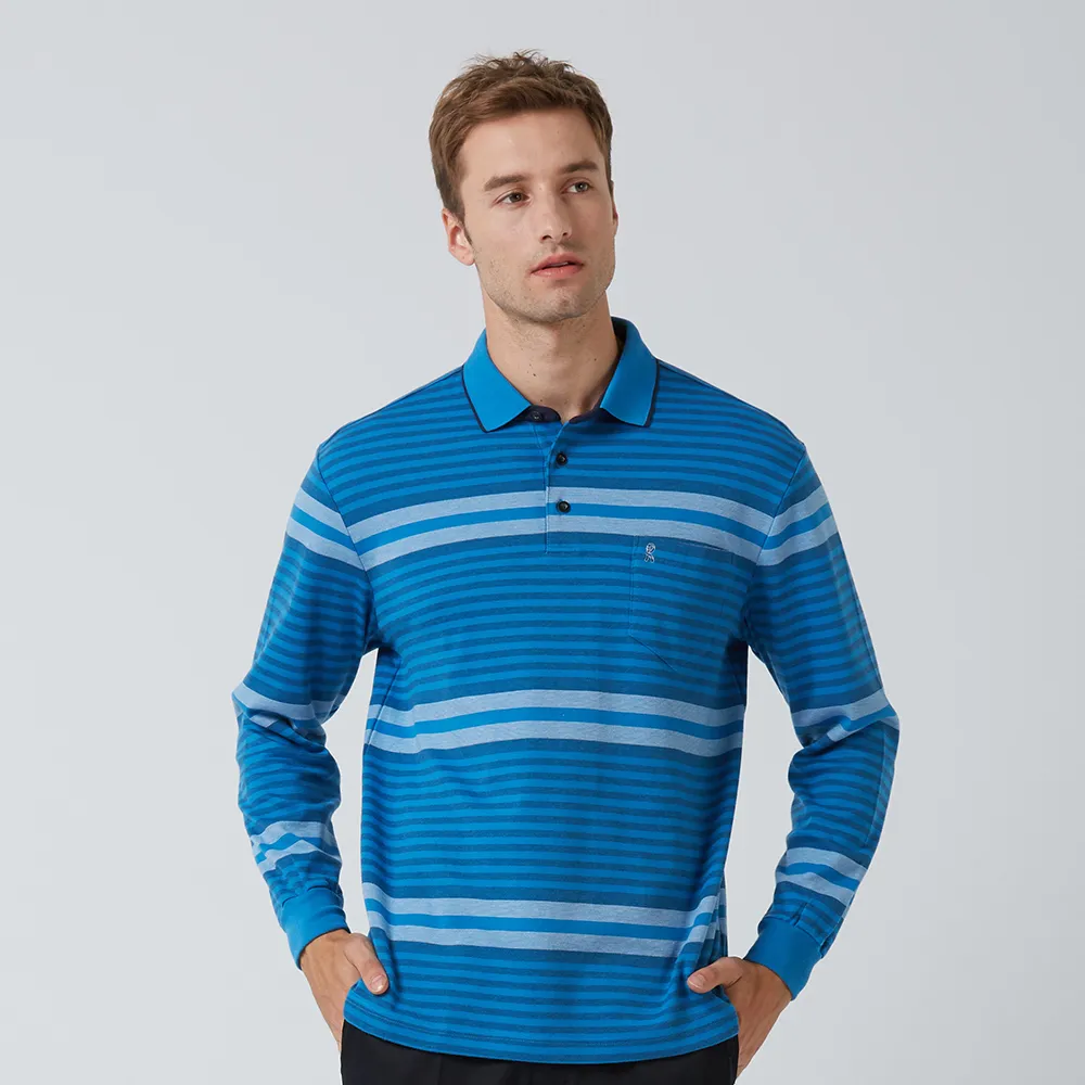 【ROBERTA諾貝達】台灣製  修身剪裁 帥氣長袖POLO衫(藍)