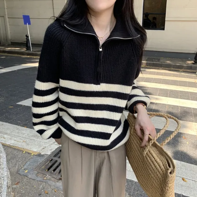 【AS 假日泳裝】女裝 高領 翻領 針織 毛衣 針織衫 條紋 長袖 上衣 衣服 冬天衣服 DR391