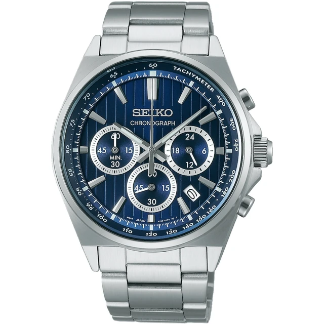 【SEIKO 精工】CS系列 條紋設計三眼計時腕錶 41mm 銀藍(SBTR033J / 8T63-01T0B)