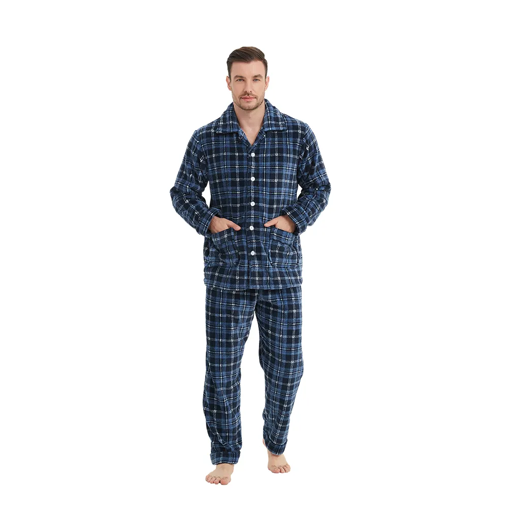 【蕾妮塔塔】蘇格蘭格紋 極暖超柔軟水貂絨男性長袖兩件式睡衣(R28206-10藍格紋)