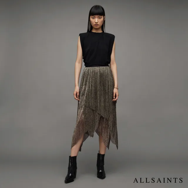 【ALLSAINTS】VEENA 金屬光澤中長裙BLACK GOLD WS054Z(常規版型)