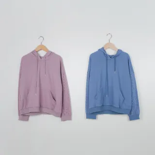 【MASTINA】蕾絲拼接休閒帽T長袖上衣(藍 粉 紫/魅力商品)