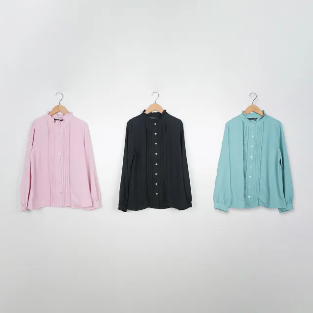 【MASTINA】平達克荷葉立領雪紡正裝長袖襯衫(黑 粉 綠/魅力商品)