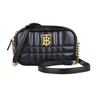 【BURBERRY 巴寶莉】BURBERRY LOLA 金色字母LOGO格紋設計小羊皮拉鍊斜背相機包(迷你/黑)