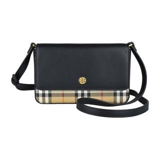 【BURBERRY 巴寶莉】BURBERRY PENNY 金屬LOGO小牛皮拼格紋PVC釦式肩背斜背兩用包(黑x典藏米)