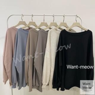 【Want-Meow】獨家台灣製/100公斤可穿/多色寬鬆圓領口袋澎袖大學T(長袖上衣/大碼/大尺碼/加大碼/孕婦裝)