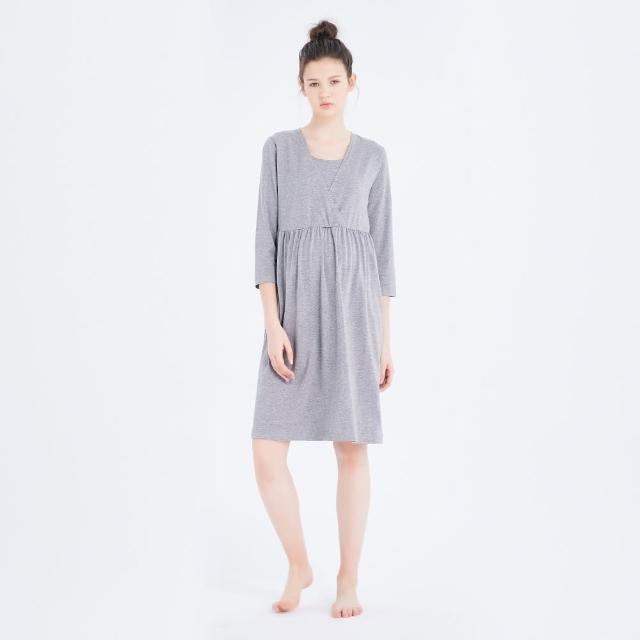 【Gennies 奇妮】交叉V領居家哺乳衣-灰(孕婦裝 月子服 居家服 睡衣 哺乳洋裝 七分袖 下拉哺乳)
