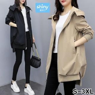 【Shiny 藍格子】素面前短後長中長款長袖連帽外套 V3642 現+預(女裝 風衣)