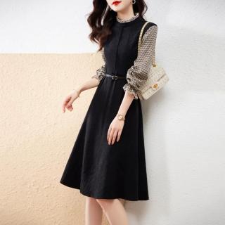 【LANNI 藍尼】★氣質收腰中長版木耳邊撞色洋裝(OL/連身裙/長版上衣)