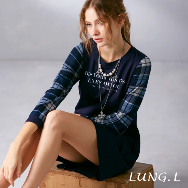 LUNG.L 林佳樺 LN57H 藍色長袖洋裝袖子拼接格紋(女裝 洋裝)