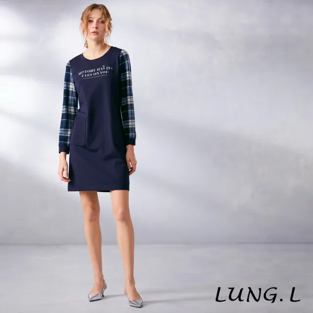 【LUNG.L 林佳樺】LN57H 藍色長袖洋裝袖子拼接格紋(女裝 洋裝)
