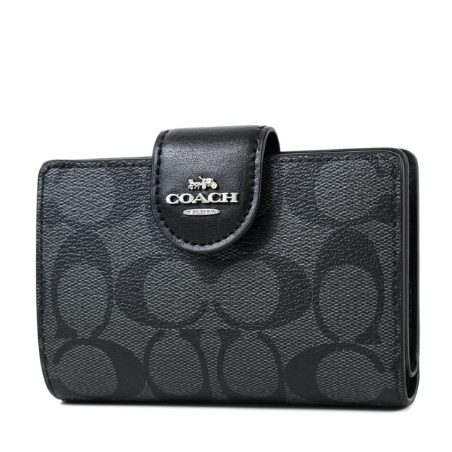 COACH 立體馬車緹花LOGO防刮釦式中夾-灰黑色評價推薦