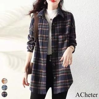 【ACheter】磨毛加絨格子襯衫長袖韓版寬鬆時尚百搭復古上衣中長款疊穿外罩#120037(卡其/藍/藏青)