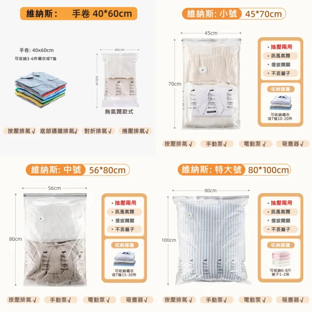 【TAI LI 太力】多入組-全系列真空壓縮袋可重覆使用 專利加厚款(居家換季衣物棉被壓縮袋 旅行手壓真空袋)