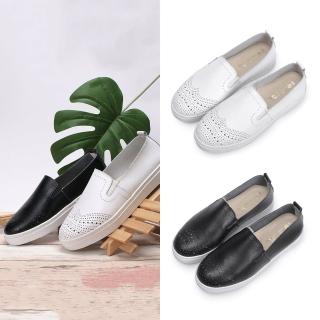 【FUFA Shoes 富發牌】洞洞刻紋真皮懶人鞋-黑/白 8064L(女鞋/懶人鞋/真皮鞋/小白鞋/洞洞鞋/真皮懶人鞋)