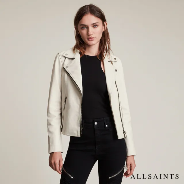 【ALLSAINTS】DALBY 極簡風金屬細節羊羔皮騎士皮衣外套-白 WL018N