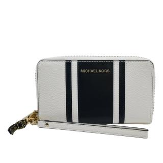 【Michael Kors】WRISTLETS 白色荔枝紋拼接海軍藍皮革金LOGO多用途皮夾/手機包/手拿包(提把可拆)