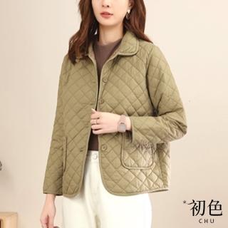 【初色】寬鬆羽絨棉鋪棉翻領長袖帶口袋格紋短款夾克外套-共4色-31884(M-2XL可選)