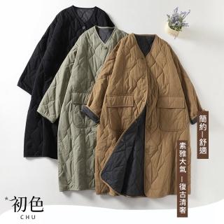 【初色】復古素色拼接壓紋寬鬆長袖保暖中長款防風大衣休閒外套-共3色-31845(M-2XL可選)