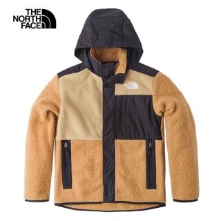 【The North Face 官方旗艦】北面兒童卡其色舒適保暖可收納連帽抓絨外套｜82SYI0J