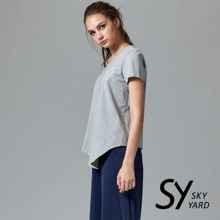 【SKY YARD】休閒百搭短袖下擺斜長版造型上衣(灰色)