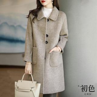 【初色】韓系小香風翻領長袖口袋中長款科技羽絨棉毛呢大衣外套女外套-共2色-64812(M-2XL可選)