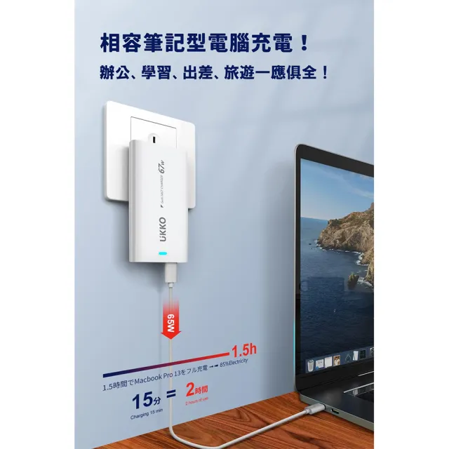【UKKO】輕薄款 GaN III 67W 氮化鎵急速充電器(GaN USB-C/USB 1C1A PD快充)