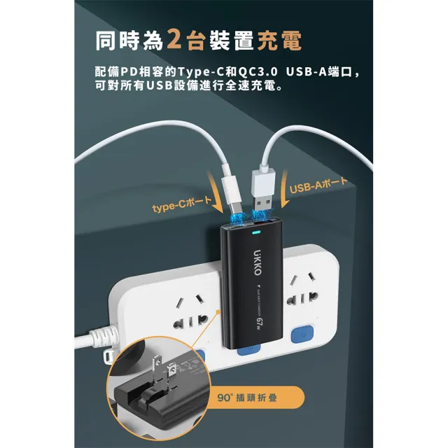【UKKO】輕薄款 GaN III 67W 氮化鎵急速充電器(GaN USB-C/USB 1C1A PD快充)