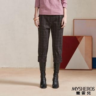 【MYSHEROS 蜜雪兒】造型七分褲 時尚格紋 反摺褲管鈕釦裝飾 前釦拉鍊(咖啡)