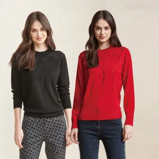 【MYSHEROS 蜜雪兒】含毛針織上衣 花邊壓褶領 簍空鑽飾設計(黑/紅)