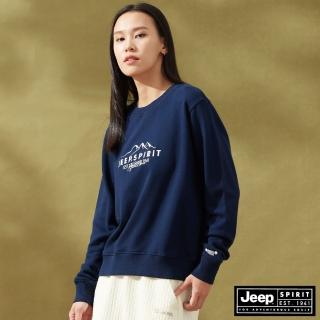 【JEEP】女裝 山系圖騰刺繡長袖大學T(深藍)