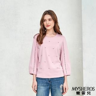 【MYSHEROS 蜜雪兒】造型上衣 蕾絲花邊圓領 格狀鏤空袖 素面珠鑽裝飾(粉)