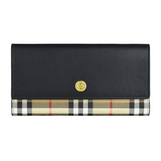 【BURBERRY 巴寶莉】BURBERRY金屬LOGO牛皮搭格子PVC 12卡釦式翻蓋長夾(典藏米x黑)