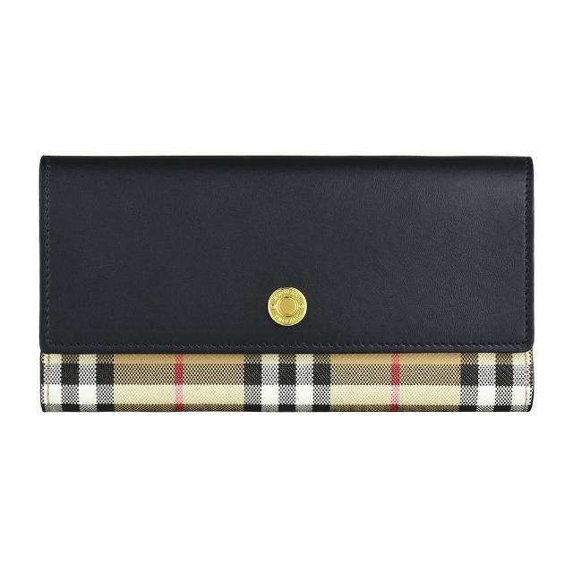 【BURBERRY 巴寶莉】BURBERRY金屬LOGO牛皮搭格子PVC 12卡釦式翻蓋長夾(典藏米x黑)