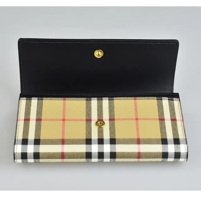 【BURBERRY 巴寶莉】BURBERRY金屬LOGO牛皮搭格子PVC 12卡釦式翻蓋長夾(典藏米x黑)