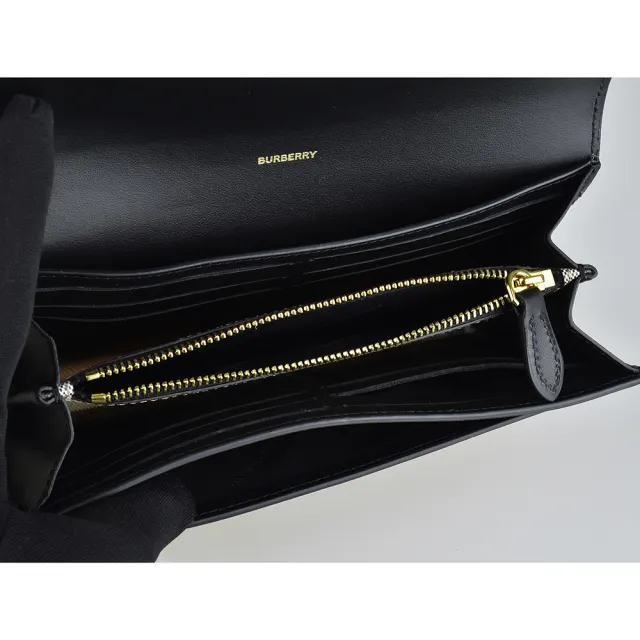 【BURBERRY 巴寶莉】BURBERRY金屬LOGO牛皮搭格子PVC 12卡釦式翻蓋長夾(典藏米x黑)