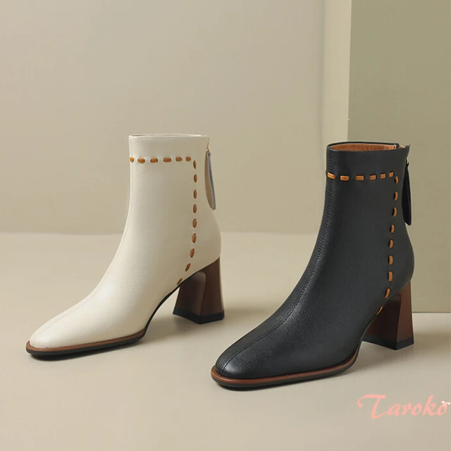 Taroko 刺繡線條法式軟皮革粗跟短靴(2色可選)評價推薦