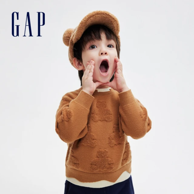GAP 男幼童裝 小熊刺繡針織毛衣-棕色(841236)