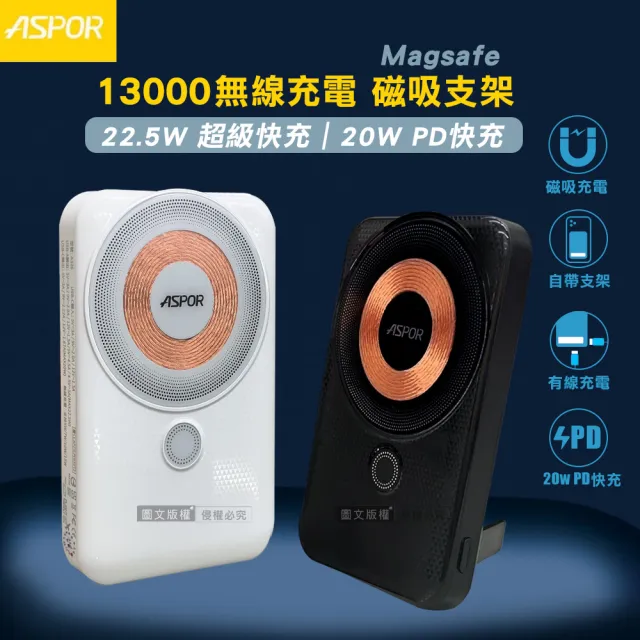 ASPOR 13000mAh 透明線圈 22.5W全協議快充行動電源(自帶立架/Magsafe磁吸無線充電)