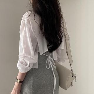 【D.studio】韓版小心機後背綁帶襯衫(長袖上衣女裝衣服寬鬆上衣顯瘦上衣長袖t恤冬裝防曬外套 W410)