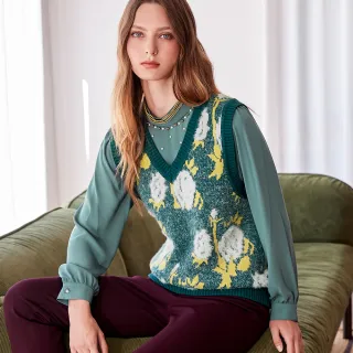 【ILEY 伊蕾】藝術花紋提織毛絨針織背心(綠色；M-XL；1234175701)