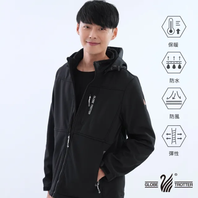 【遊遍天下】男款GlobeTex防水防風保暖刷毛軟殼外套 曜岩黑(登山騎車 M-5L 大尺碼)