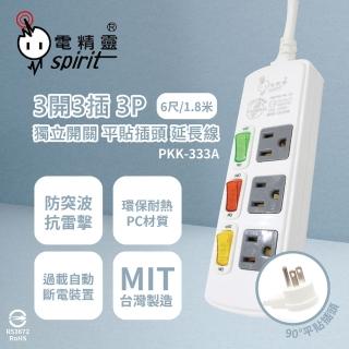 【電精靈spirit】臺灣製造 PKK-333A 6尺 1.8米 3開3插 3P 125V 獨立開關 插座 電腦延長線