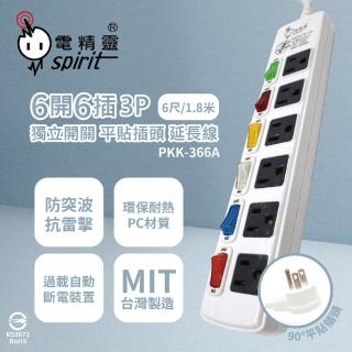 【電精靈spirit】臺灣製造 PKK-366A 6尺 1.8米 6開6插 3P 獨立開關 插座 電腦延長線