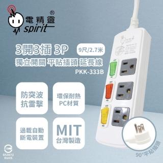 【電精靈spirit】臺灣製造 PKK-333B 9尺 2.7米 3開3插 3P 125V 獨立開關 插座 電腦延長線