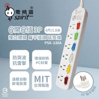 【電精靈spirit】臺灣製造 PSK-336A 6尺 1.8米 6開6插 3P 扁平插頭 插座 電腦延長線