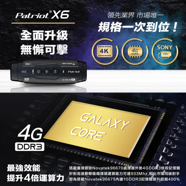 【愛國者】Patriot X6 前後雙鏡 4小時續航 FHD1080P WIFI版 行車記錄器(內附128G記憶卡)