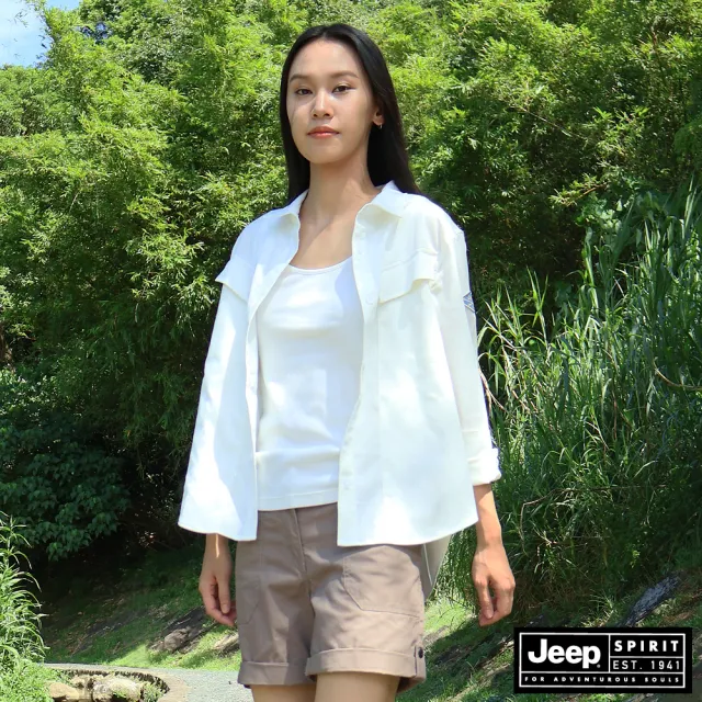 【JEEP】女裝 斜邊口袋剪接長袖襯衫(白色)